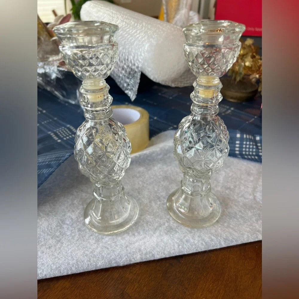 Candlestick Pair Diamond Pattern 8.25" Clear Glass for Taper Candles - Picture 1 of 7
